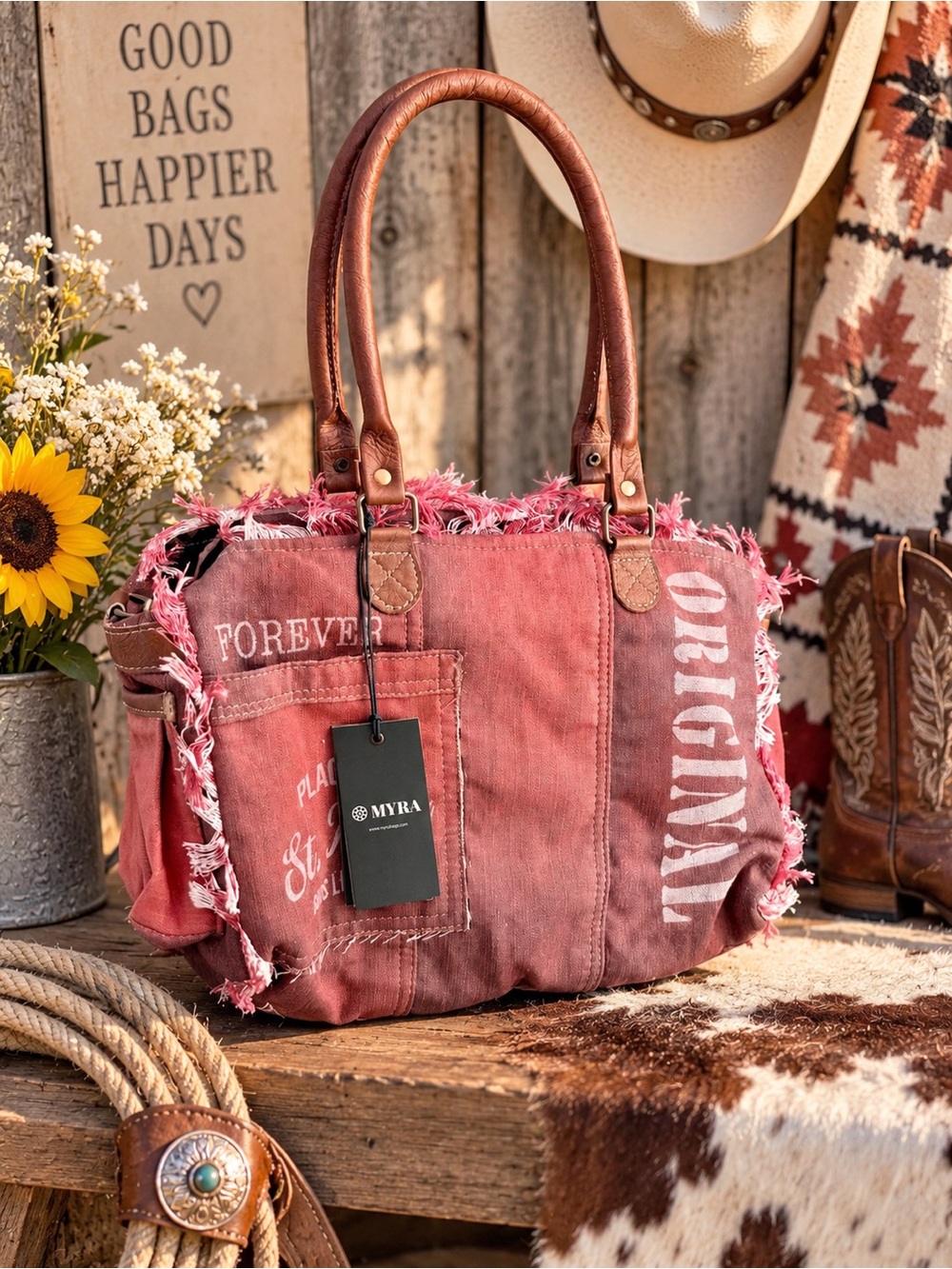 Myra Bag Rose Canvas Tote with Brown Handles and Frayed Trim